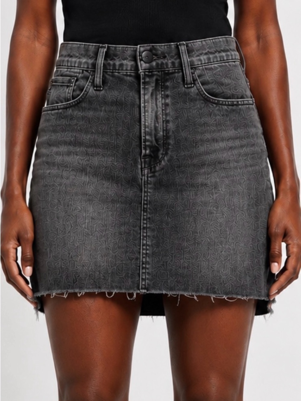 FRAME Le High Mini Skirt Raw Hem Federal Fray Washed Black Denim Size 25